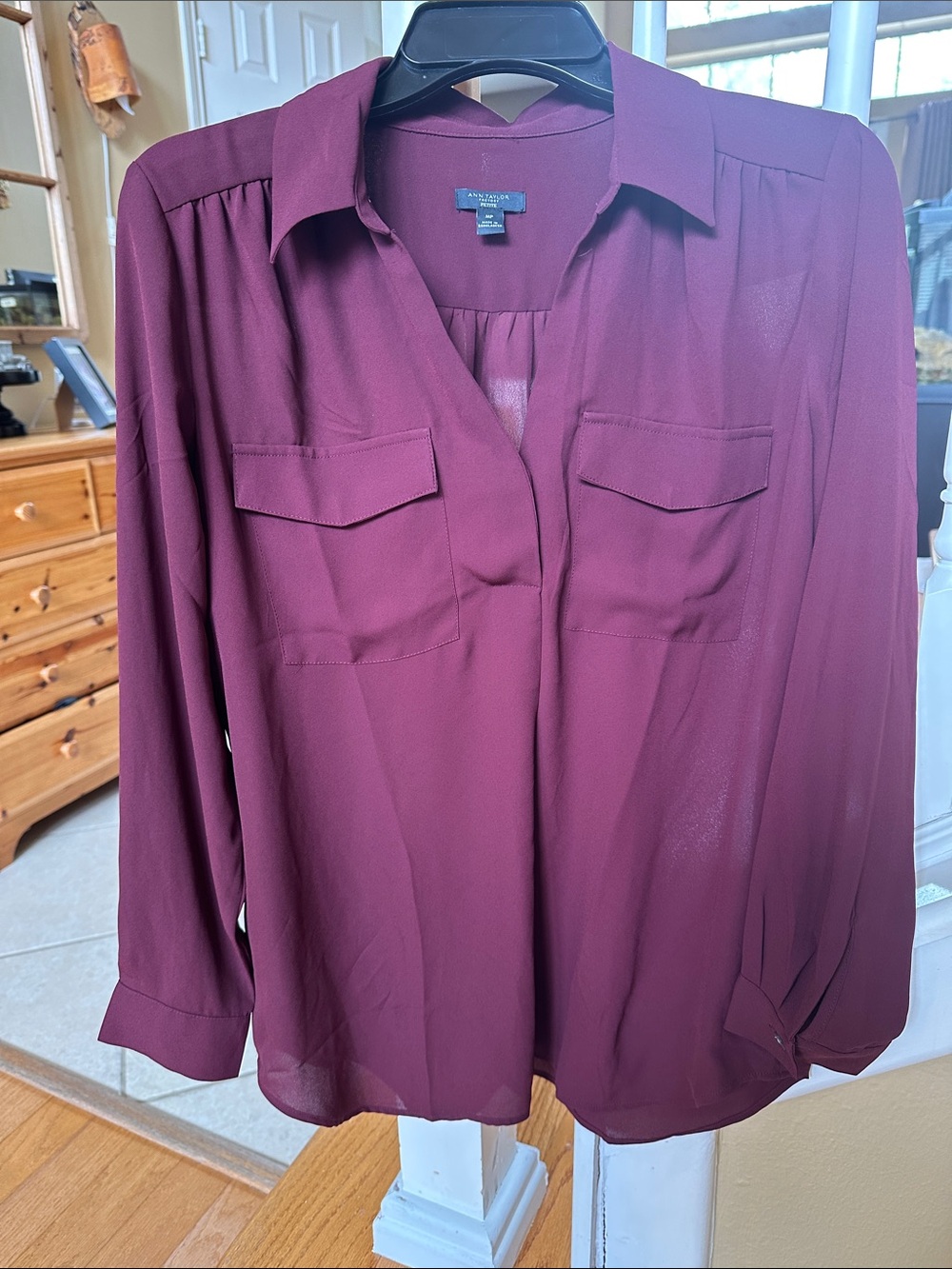 LOFT Maroon Long-Sleeve Button-Front Blouse